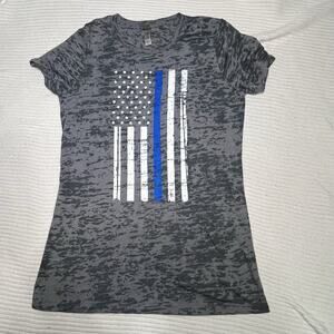 XL Police Law Enforcement Women’s TShirt Thin Blue Line Tattered American Flag
